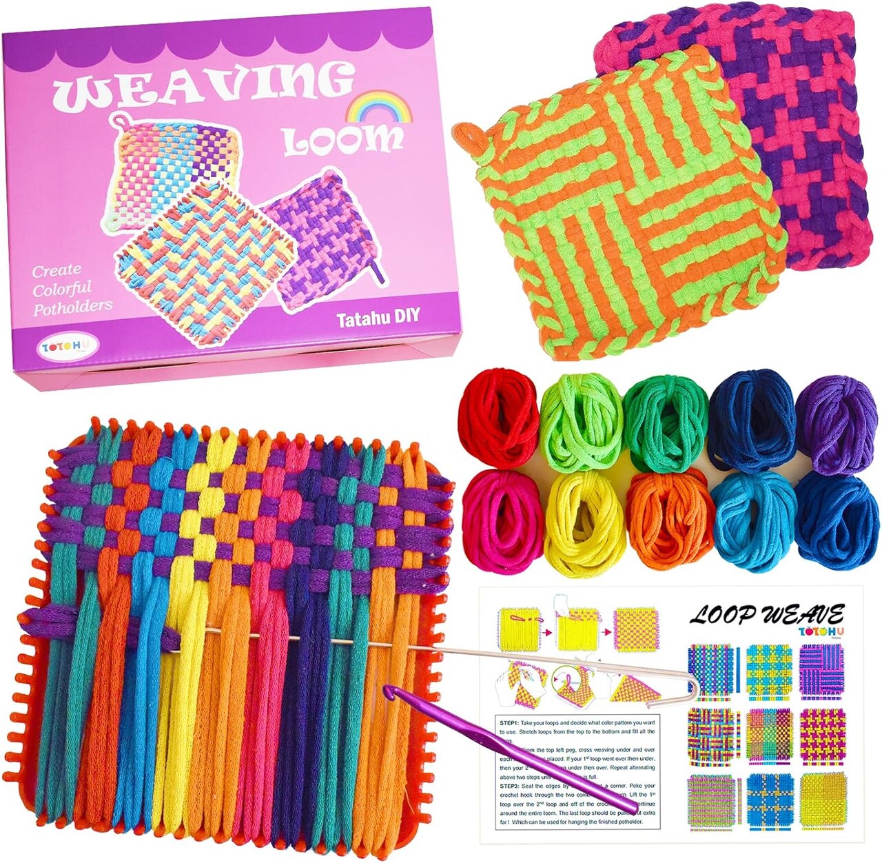 Weaving Loom Kit - 300pcs Rainbow Knitting Refill Loops in 10 Colors, Make 8 Potholders for Beginners